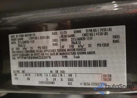 2022 Ford F150 Supercrew из США, поврежденный, VIN 1FTFW1E85NKD22979